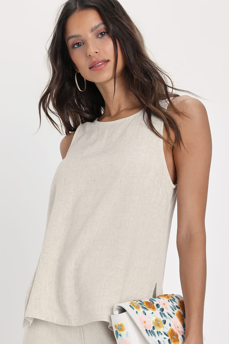 Cute and Simple Beige Linen Sleeveless T-Back Cami Top
