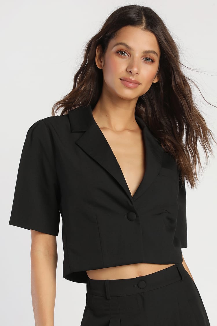 Black Short Sleeve Blazer - Cropped Blazer - Button-Up Blazer - Lulus