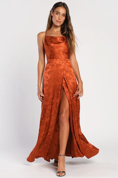 Under the Moonlight Rust Orange Satin Jacquard Maxi Dress
