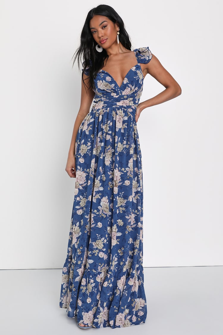 Blue Floral Dress - Backless Lace-Up Dress - Ruffled Maxi Dress - Lulus