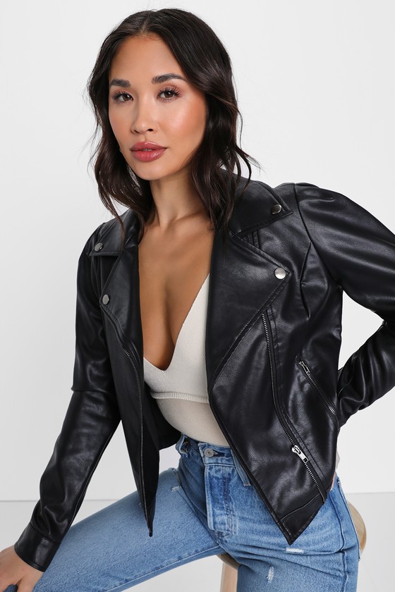 Black Moto Jacket - Vegan Leather Jacket - Puff Shoulder Jacket - Lulus
