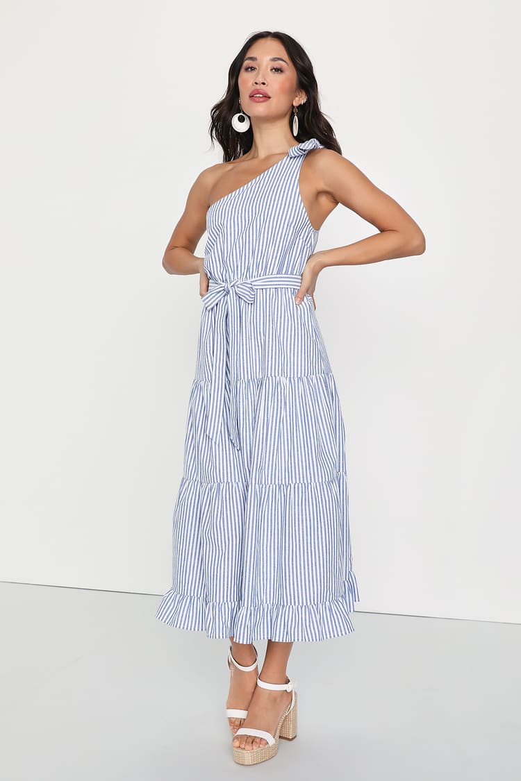 Blue and White Striped Dress - Tiered Dress - One-Shoulder Dress - Lulus