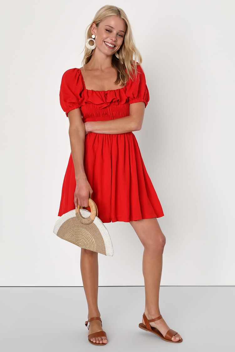 Red Skater Dress - Puff Sleeve Mini Dress - Smocked Dress - Lulus