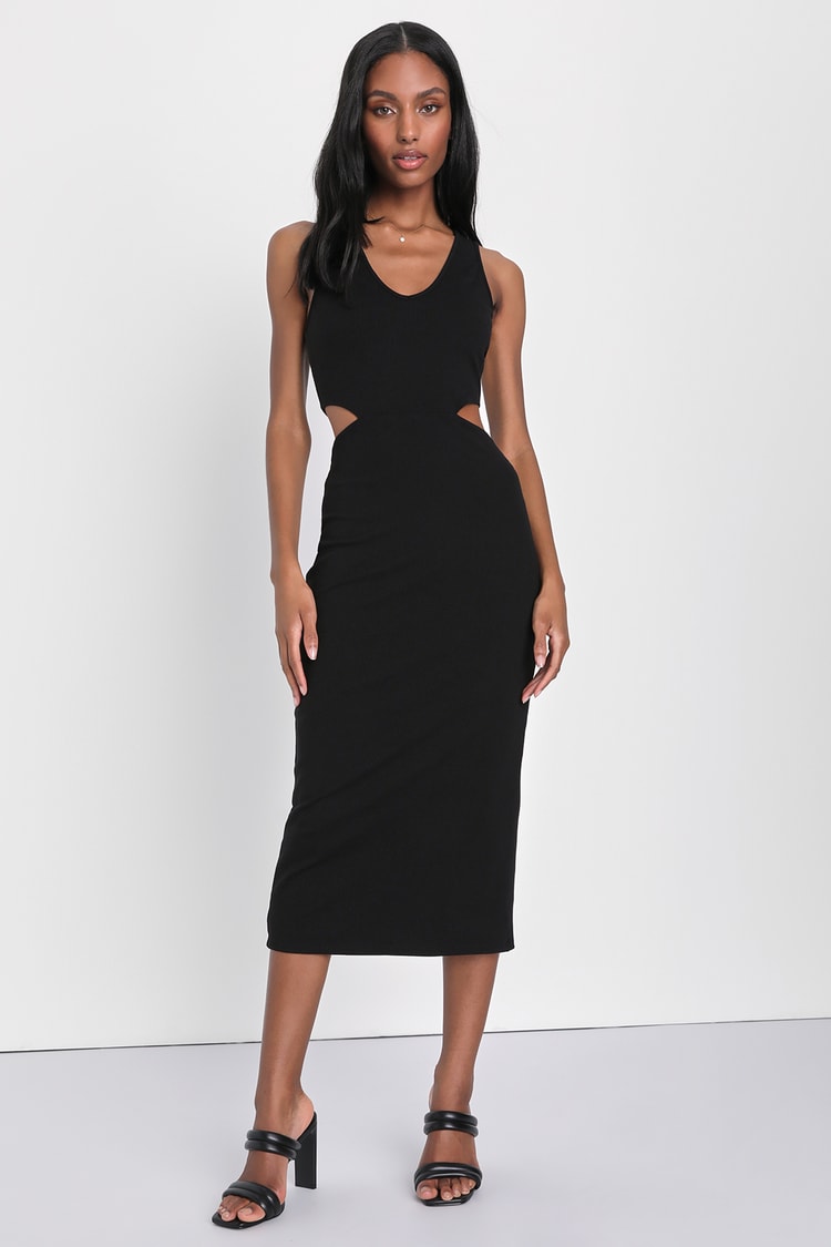 Black Midi Dress - Ribbed Bodycon Dress - Cutout Midi Dress - Lulus