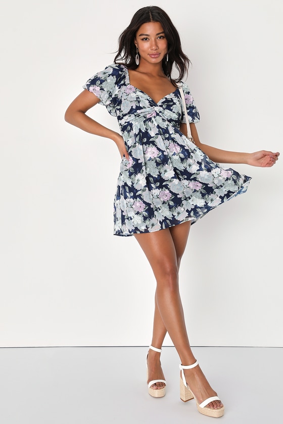 Navy Blue Mini Dress Floral Print Dress Puff Sleeve Dress Lulus