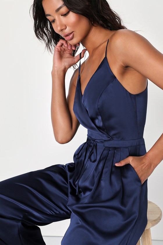 Navy Blue Satin Jumpsuit Surplice Jumpsuit Wide Leg Jumpsuit Lulus