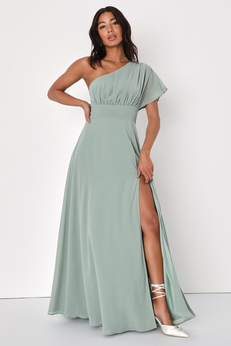 Sage Brush Dress - Blue Bridesmaid Dress - One-Shoulder Dress - Lulus