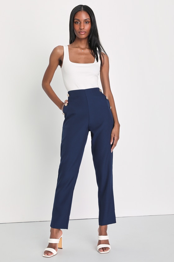 Navy Blue Trousers - Blue High-Waisted Pants - Slim Fit Pants - Lulus
