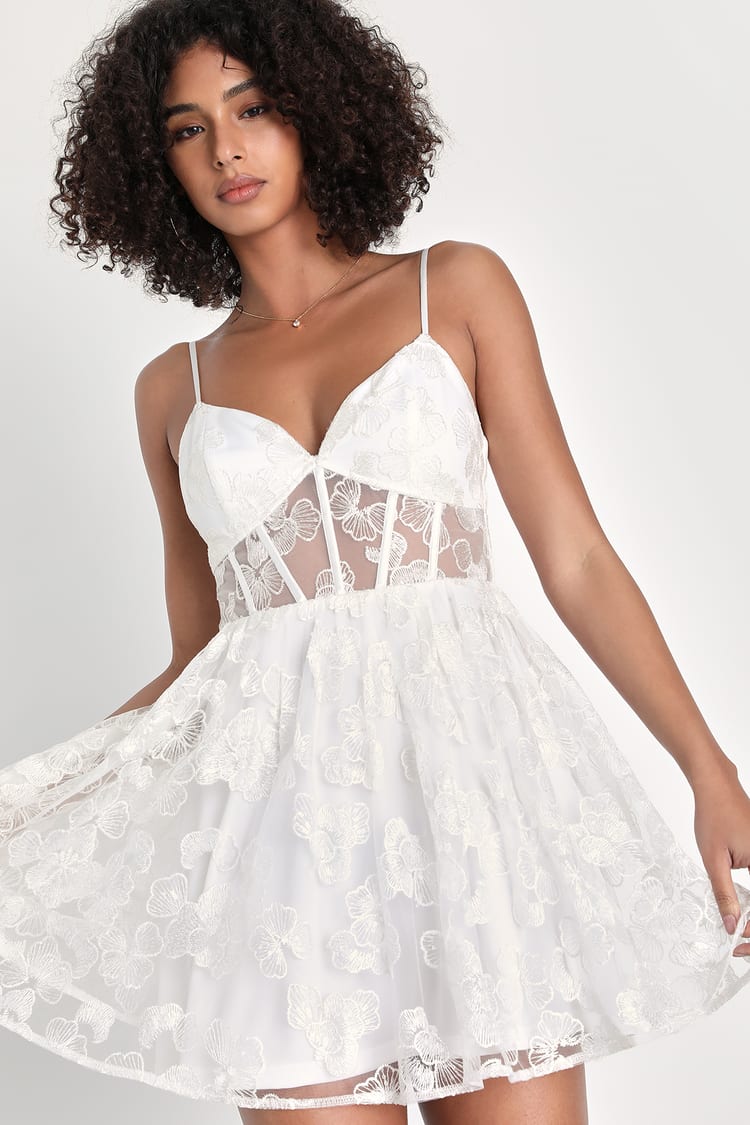 White Mesh Dress - Embroidered Sequin Dress - Mini Skater Dress - Lulus