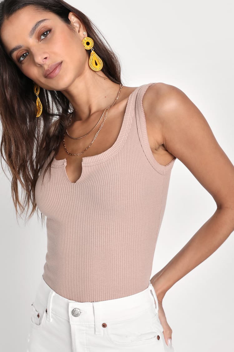 Beige Tank Top - Ribbed Knit Tank Top - Notched Neckline Top - Lulus