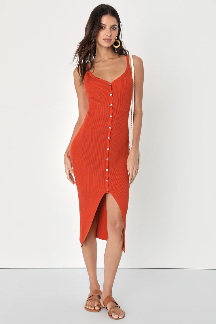 Orange Ribbed Dress - Midi Bodycon Dress - Button-Front Dress - Lulus
