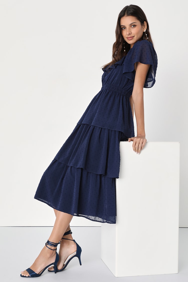 Navy Blue Dress - Flutter Sleeve Dress - Tiered Midi Dress - Lulus