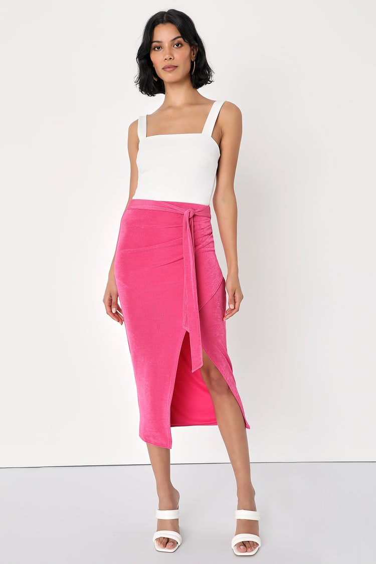 Pink Slinky Knit Midi Skirt - Tie-Front Skirt - Faux-Wrap Skirt - Lulus