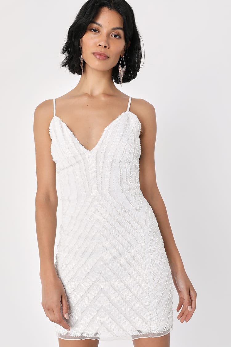White Sequin Fringe Sleeveless Mini Dress | Womens | Large (Available in M, XL) | 100% Polyester | Lulus | Some Stretch