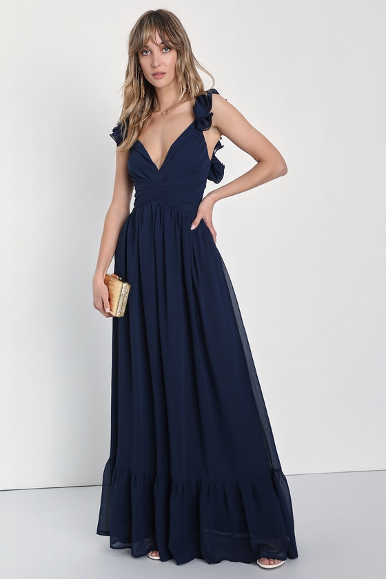 Navy Blue Dress - Backless Lace-Up Dress - Ruffled Maxi Dress - Lulus