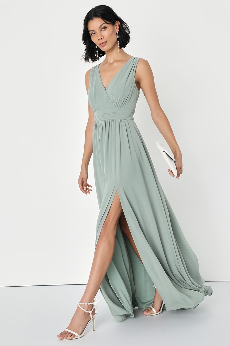 Sage Brush Surplice Dress - Sleeveless Maxi Dress - Gown - Lulus