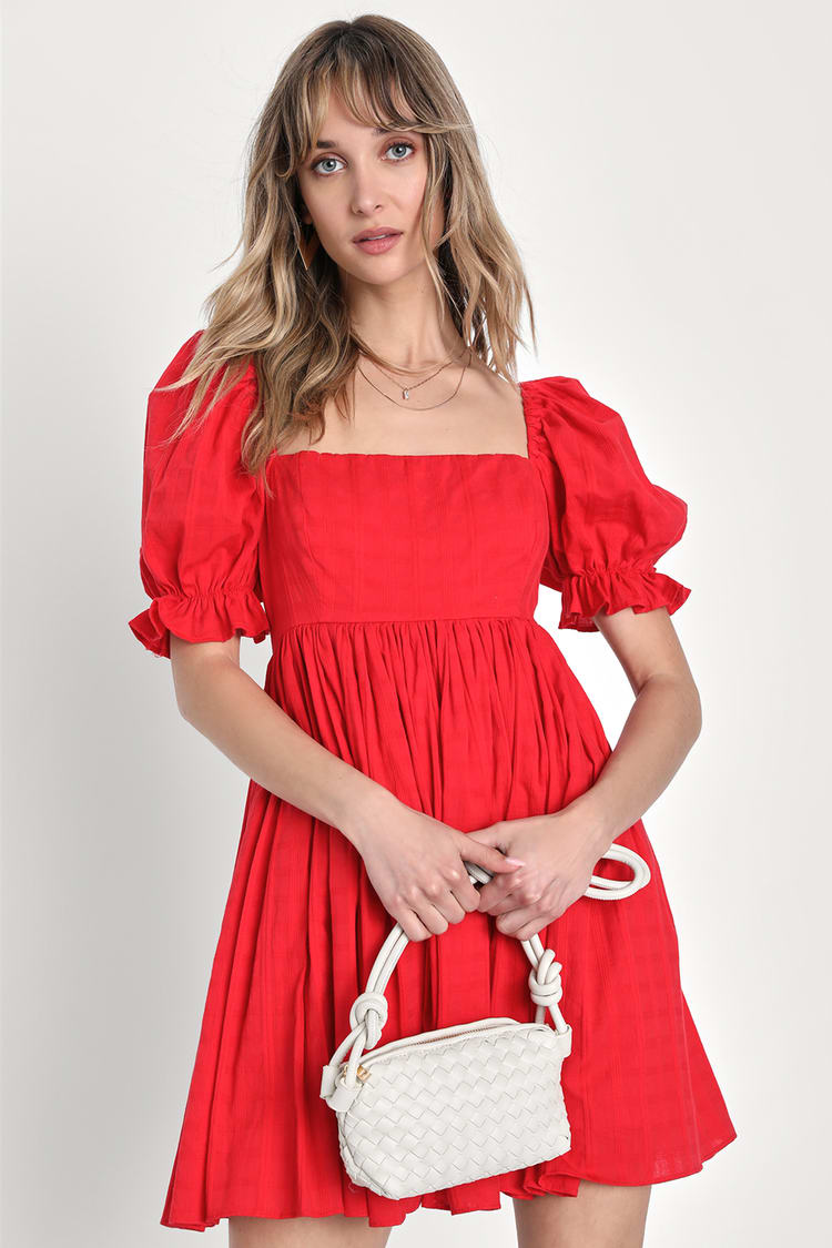 Red Puff Sleeve Dress - Babydoll Dress - Square Neck Dress - Lulus