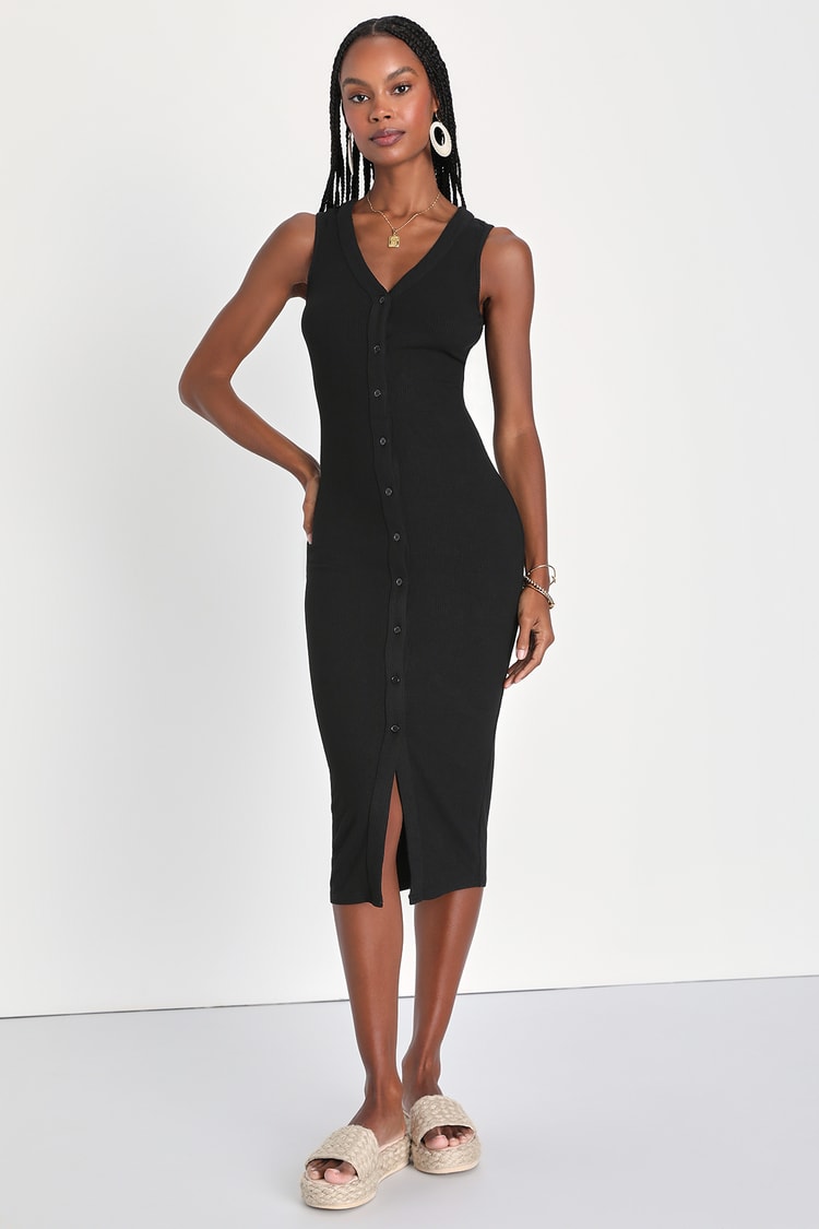Black Ribbed Dress - Bodycon Midi Dress - Button-Front Midi Dress - Lulus