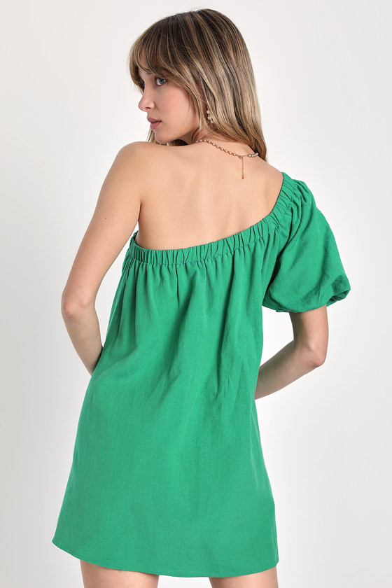 Cutest Energy Green Linen One-Shoulder Shift Dress With Pockets