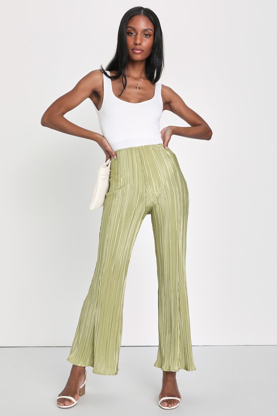 Lulus Pretty Flair Lime Green Pleated High-waisted Flare Pants