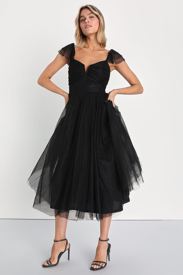 Black Mesh A-Line Dress - Flutter Sleeve Dress - Tulle Midi Dress - Lulus