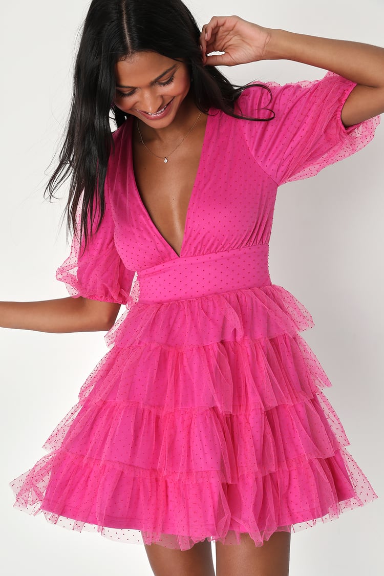 Pink Tiered Mini Dress - Pink Puff Sleeve Dress - Mesh Pink Dress - Lulus