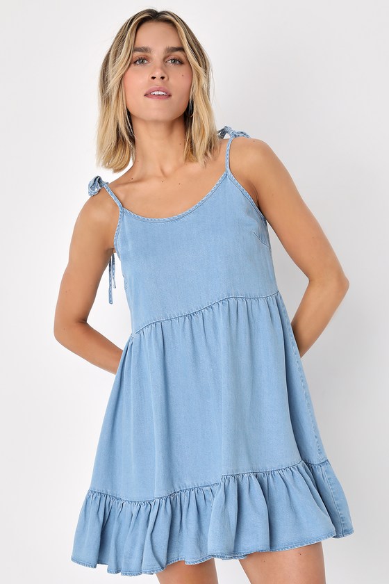 Blue Chambray Dress Tie Strap Dress Chambray Babydoll Dress Lulus