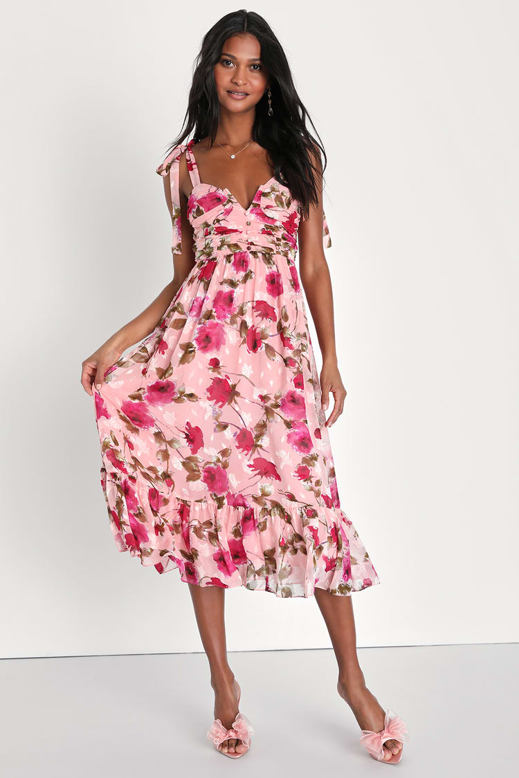 Pink Floral Midi Dress - Tie-Strap Dress - Gathered Floral Dress