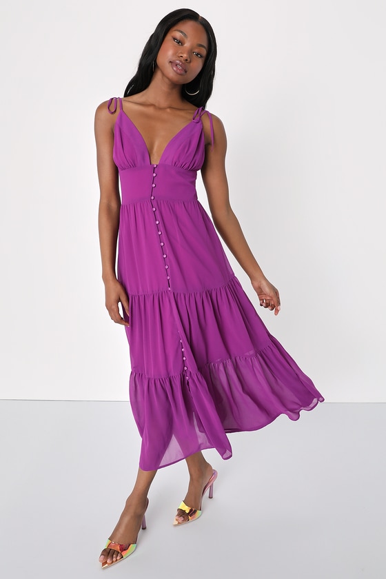 Purple Midi Dress - Tie-Strap Dress - Button-Front Dress - Lulus