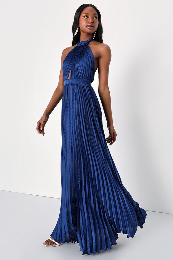 Navy Blue Satin Dress Pleated Halter Dress Cutout Maxi Dress Lulus