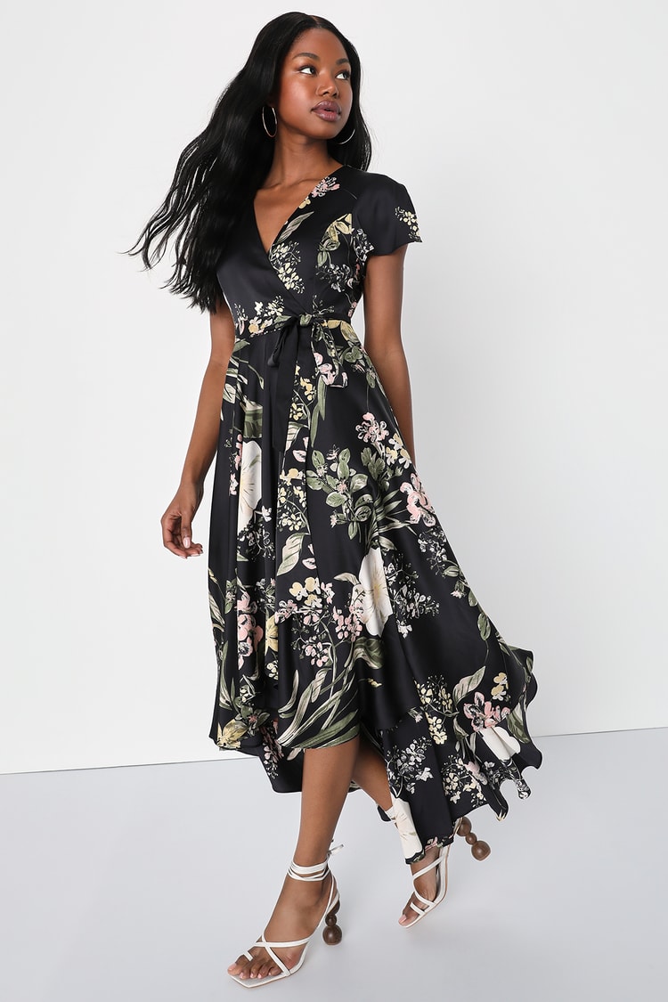 Black Floral Satin Dress - Floral High-Low Dress - Black Dress - Lulus