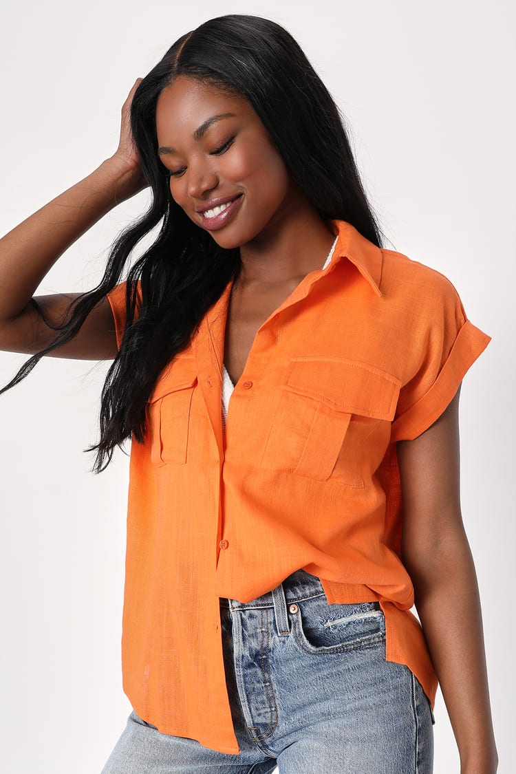 Orange Short Sleeve Top - Button-Up Top - Linen Blend Top - Lulus