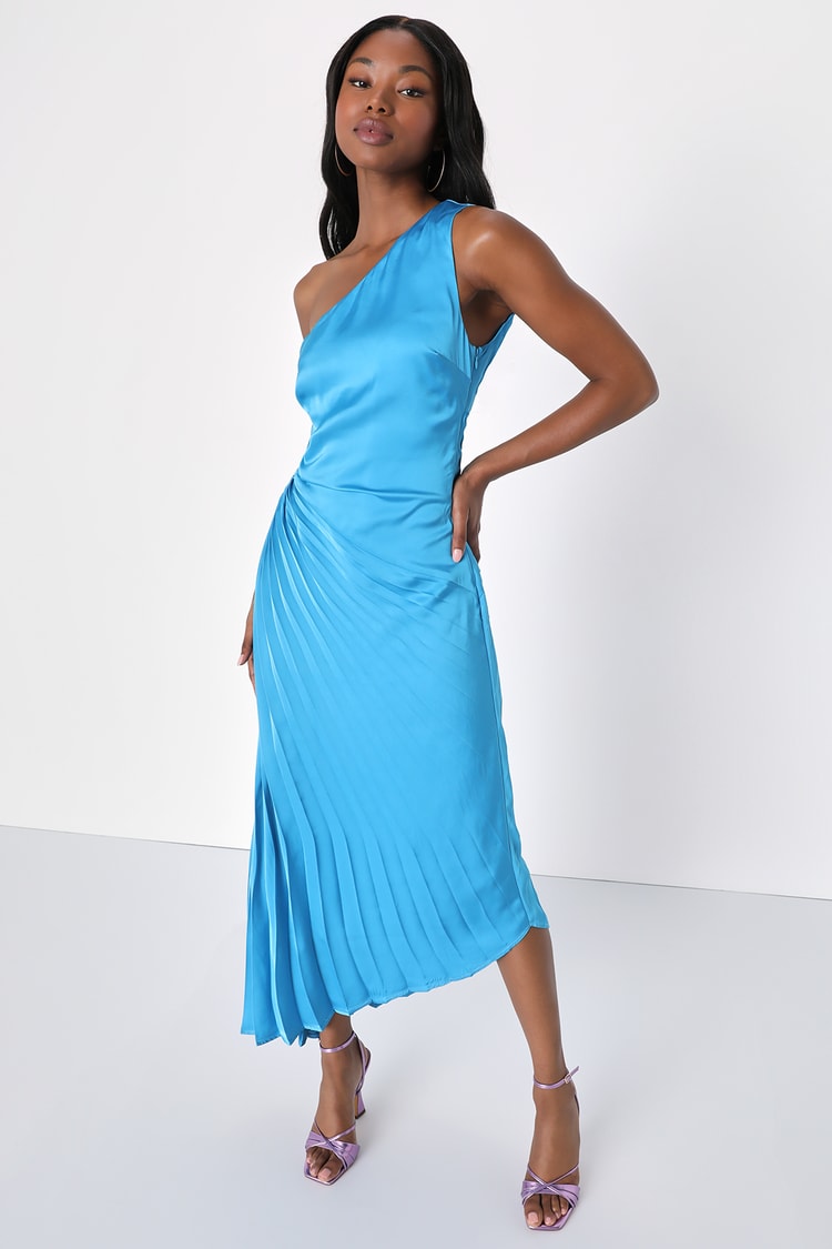 Teal Blue Satin Dress - Pleated Midi - One-Shoulder Mini Dress - Lulus