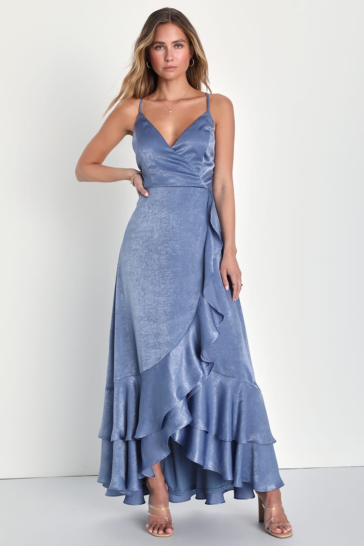 Slate Blue Satin Dress - Pleated Maxi Dress - One-Shoulder Dress - Lulus