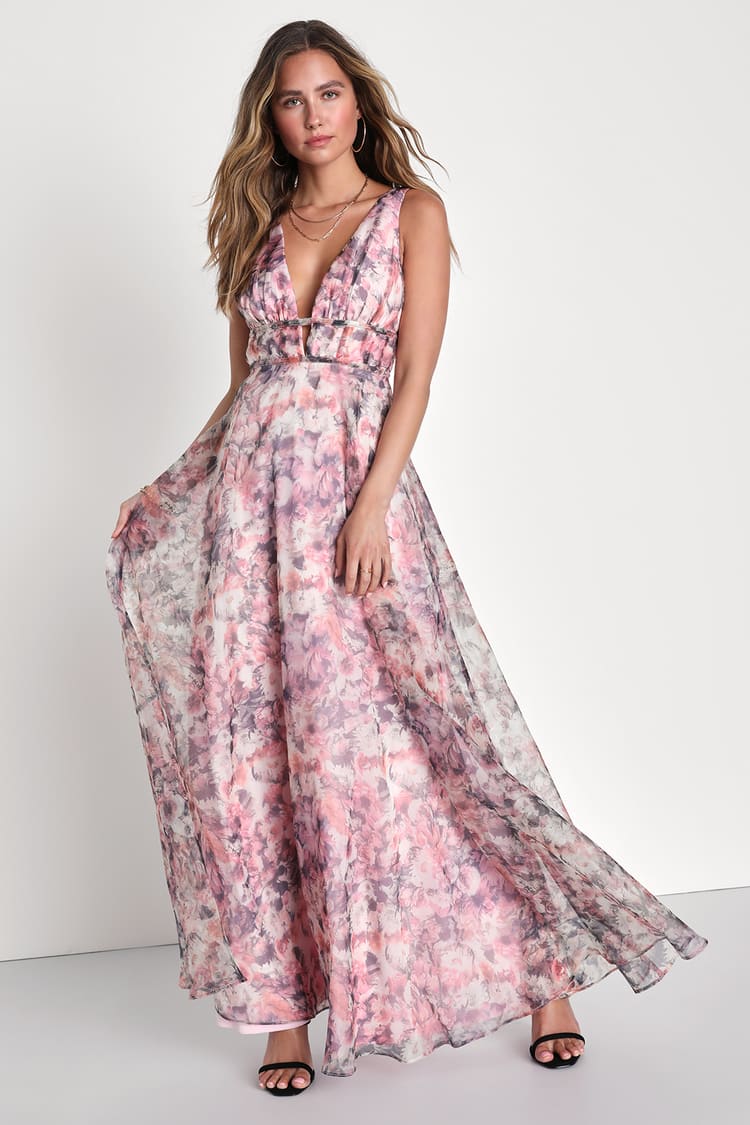 Pink Floral Dress - A-Line Chiffon Dress - Gown - Maxi Dress - Lulus