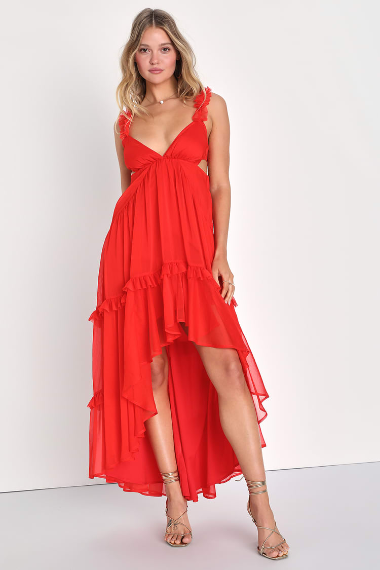 Red Chiffon Dress - Tiered High-Low Dress - Cutout Dress - Lulus