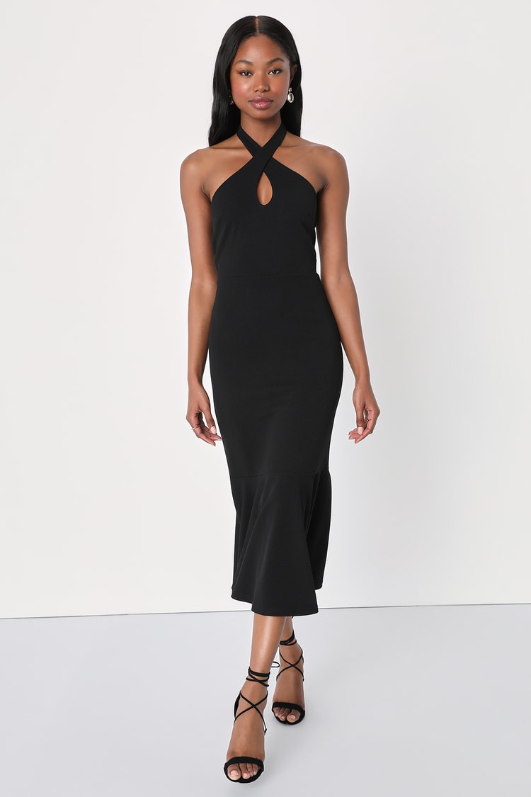 Chic Black Dress - Trumpet Midi Dress - Cross-Front Halter Dress - Lulus