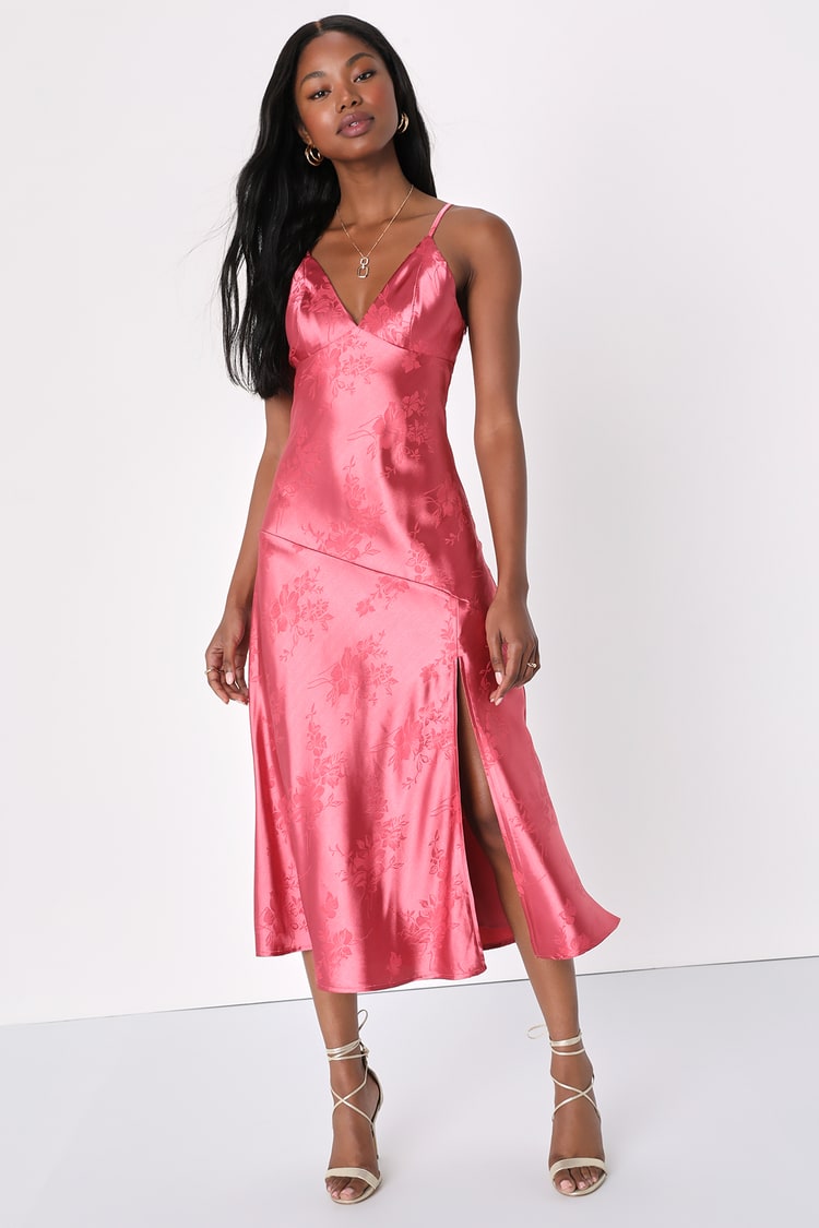 Pink Satin Slip Dress - Floral Jacquard Dress - Pink Midi Dress - Lulus