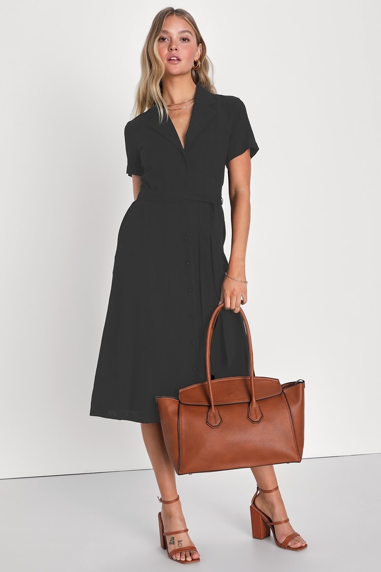 Sweet Sincerity Black Linen Button-Up Midi Dress With Pockets