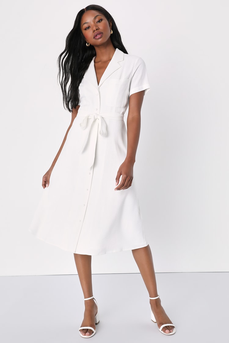 White Linen Midi Dress - Button-Up Dress - Dress With Pockets - Lulus