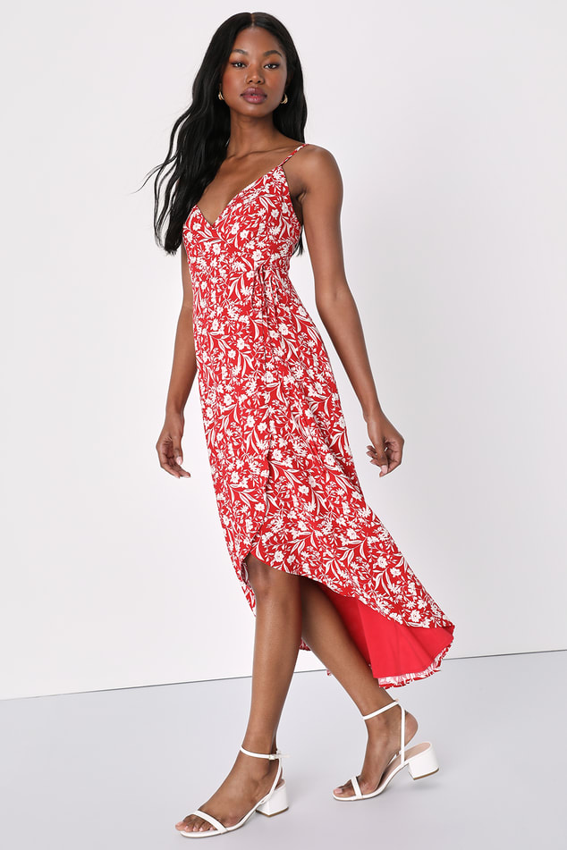 Red Floral Wrap Dress - High-Low Wrap Dress - Cute Wrap Dress - Lulus