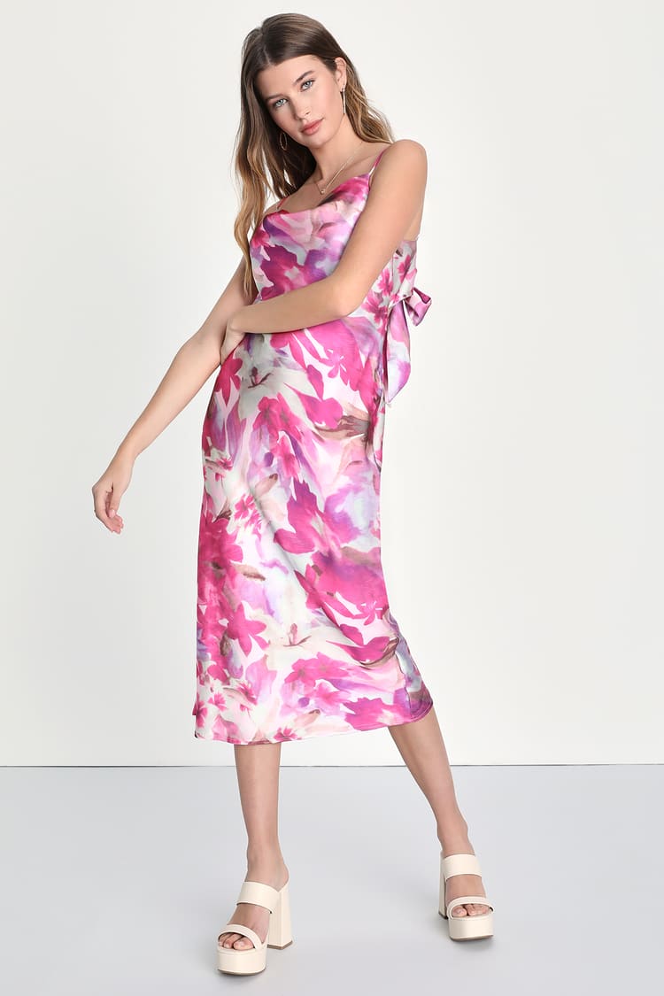 Pink Floral Midi Dress - Satin Slip Midi Dress - Tie-Back Dress - Lulus