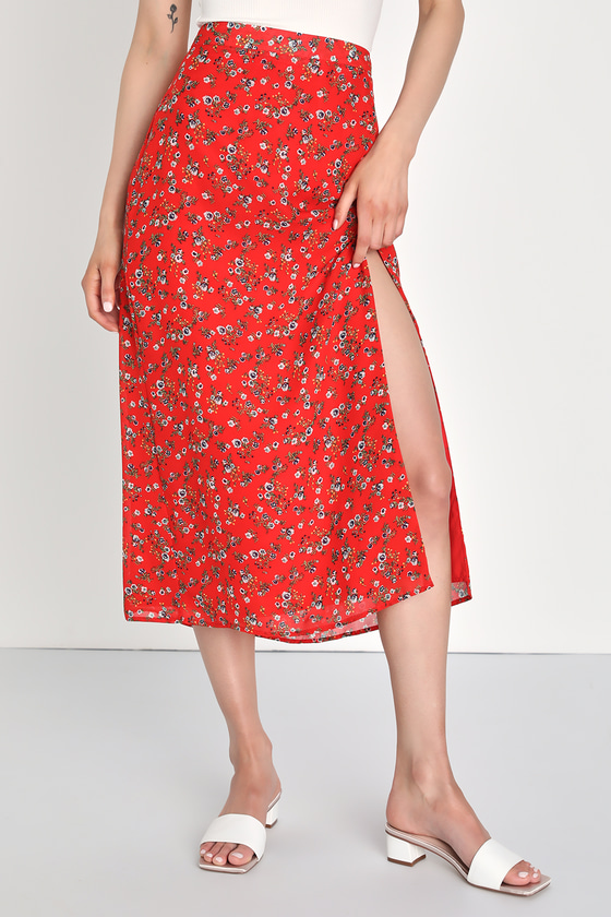 Cute Red Skirt - Ditsy Floral Skirt - A-Line Midi Skirt - Lulus