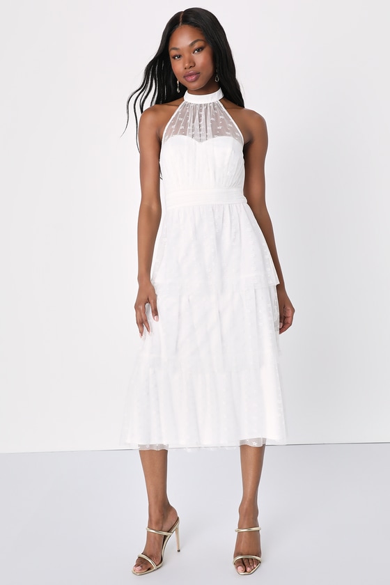 Positively Precious White Floral Mesh Tiered Halter Midi Dress