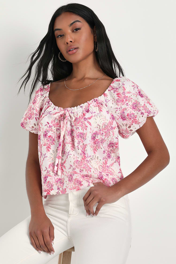 Ivory Floral Print Top - Eyelet Embroidered Top - Puff Sleeve Top - Lulus