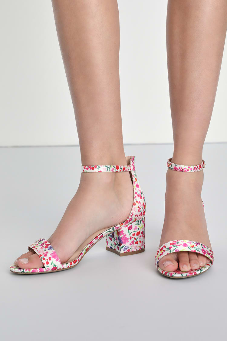 Pink Floral Print Heels - Ankle Strap Heels - Block Heel Sandals - Lulus