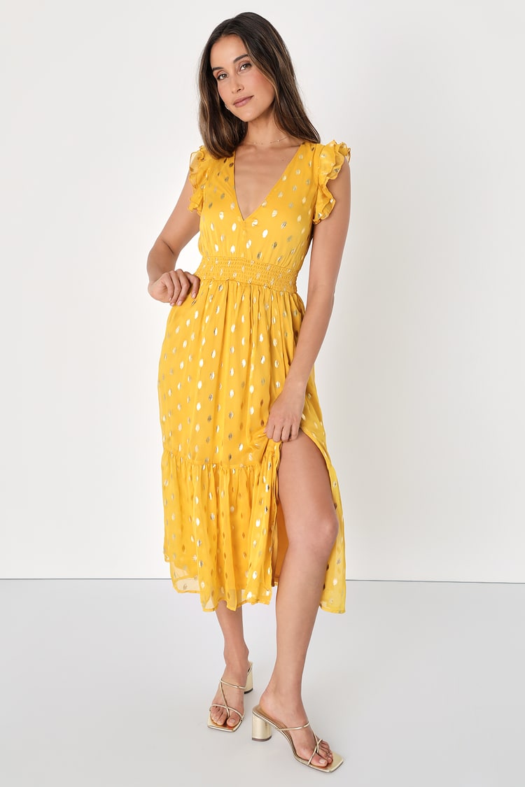 Yellow and Gold Dot Dress - Chiffon Midi Dress - Ruffled Dress - Lulus