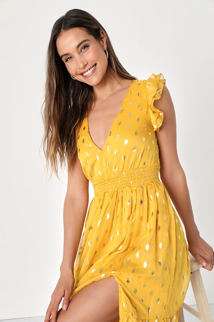 Yellow and Gold Dot Dress - Chiffon Midi Dress - Ruffled Dress - Lulus