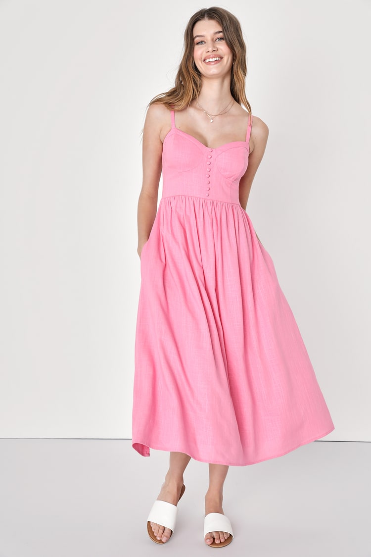 Pink Linen Dress - Sleeveless Midi Dress - Bustier Midi Dress - Lulus
