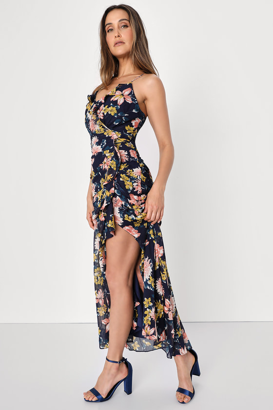 Navy Blue Floral Print Dress - Column Midi Dress - Ruffled Dress - Lulus